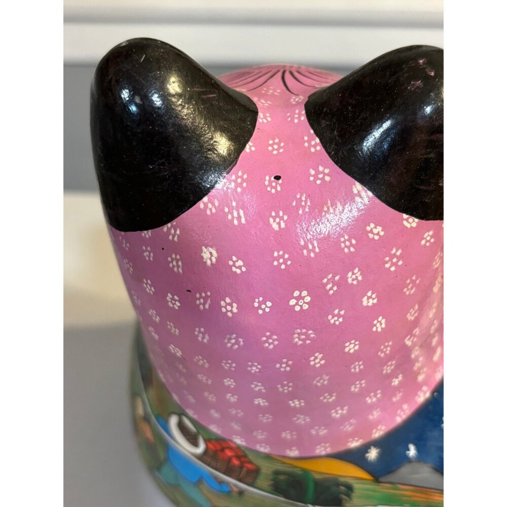 Hand Painted & Handmade Cat Purple Village Scene Pottery Tonala Mexico Folk Art - Picture 5 of 10